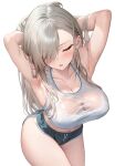 1girl armpits arms_up asuna_(blue_archive) bare_shoulders black_shorts blue_archive blush breasts cleavage closed_eyes collarbone commentary cowboy_shot grey_hair hands_in_hair highres large_breasts long_hair navel open_mouth preview_(preview0) shirt short_shorts shorts simple_background solo sweat symbol-only_commentary thighs white_background white_shirt 