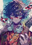  1boy animal_print black_hair black_nails blue_background blue_eyes blue_hair border colored_inner_hair commentary_request fish_print frown glaring gradient_background guitar haru4aki highres holding holding_guitar holding_instrument instrument japanese_clothes kimono koi looking_at_viewer male_focus multicolored_hair nail_polish orange_kimono original red_nails scales seigaiha smoke solo yellow_background 