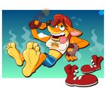 activision anthro bandicoot barefoot bodily_fluids clothing crash_bandicoot crash_bandicoot_(series) crossgender feet female footwear hi_res mammal marsupial ricowolfdog shoes shoes_removed smelly smelly_feet soles sweat toes