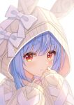  1girl absurdres animal_ears animal_hood blue_hair blush bow cable_knit choker fake_animal_ears hand_on_own_cheek hand_on_own_face highres hololive hood long_sleeves looking_at_viewer orange_eyes rabbit-shaped_pupils rabbit_ears rabbit_hood solo symbol-shaped_pupils thick_eyebrows tsumurimai upper_body usada_pekora virtual_youtuber 