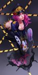  bent_over breasts cleavage downpants hat highres large_breasts league_of_legends officer_vi pink_hair police_hat purple_eyes solo spikes vi_(league_of_legends) 