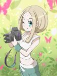  1girl bare_arms bare_shoulders blonde_hair breasts camera cleavage collarbone crop_top emapippi green_eyes green_pants green_wristband highres holding holding_camera medium_breasts midriff pants pokemon pokemon_xy shirt short_hair sleeveless sleeveless_shirt solo viola_(pokemon) white_shirt 