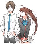  1boy 1girl ^^^ aged_up black_hair black_jacket blazer blue_bow blue_necktie bow brown_hair closed_mouth collared_shirt commentary_request cowboy_shot frown grey_eyes grey_skirt h_sueun hands_on_own_hips height_difference jacket little_busters! little_busters!_school_uniform long_hair long_sleeves looking_at_another miniskirt naoe_riki natsume_rin necktie notice_lines plaid plaid_skirt ponytail profile red_eyes school_uniform shirt short_hair sidelocks simple_background sketch skirt smile standing surprised sweatdrop twitter_username v_arms very_long_hair white_background white_shirt wide-eyed 