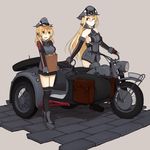  bad_id bad_pixiv_id bismarck_(kantai_collection) blonde_hair blue_eyes bmw green_eyes ground_vehicle hat highres kantai_collection long_hair mikoto_(oi_plus) military military_hat military_uniform motor_vehicle motorcycle multiple_girls peaked_cap prinz_eugen_(kantai_collection) sidecar thighhighs twintails uniform 