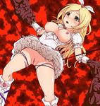 :o blonde_hair blush boots breasts breasts_outside cure_rhythm dutch_angle frills green_eyes knee_boots large_breasts long_hair magical_girl minamino_kanade miyashiro_ryuutarou precure pussy red_background restrained solo suite_precure tentacles upskirt 