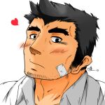  1boy ace_attorney adam&#039;s_apple bandage_on_face bandages bara black_eyes black_hair blush closed_mouth collared_shirt dick_gumshoe heart lowres male_focus mature_male portrait shirt short_hair signature solo thick_eyebrows tubatanienn white_shirt 