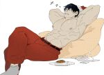  1boy abs alternate_costume armpits bara black_hair bogactivity christmas cookie crossed_legs fake_beard fake_facial_hair feet_out_of_frame food from_side fushiguro_touji hat highres jujutsu_kaisen large_pectorals male_focus mature_male muscular muscular_male navel nipples pectorals santa_costume santa_hat scar scar_on_face scar_on_mouth short_hair sleeping solo stomach topless_male 