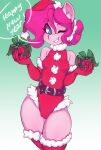 2023 anthro armwear camel_toe christmas christmas_clothing christmas_headwear clothed clothing digital_media_(artwork) english_text equid eyebrows eyelashes female friendship_is_magic gift gradient_background hasbro hat headgear headwear hi_res holidays looking_at_viewer mammal my_little_pony one_eye_closed pinkie_pie_(mlp) santa_hat simple_background solo text tolsticot