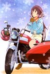  absurdres boots brown_eyes brown_hair casual drink ground_vehicle highres moritomo_nozomi motor_vehicle motorcycle non-web_source nyantype official_art scarf snow solo the_rolling_girls winter 