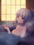  1girl alcohol architecture atychi backlighting bathing blunt_bangs blurry boulder bow breasts cleavage collarbone commentary completely_nude cup depth_of_field east_asian_architecture genshin_impact grey_eyes grey_hair hair_bow hair_ribbon hair_tubes head_tilt highres holding holding_cup in_water kamisato_ayaka long_hair looking_at_viewer medium_breasts nude onsen outdoors parted_lips ribbon sakazuki sake shouji sidelocks sliding_doors solo symbol-only_commentary tress_ribbon 
