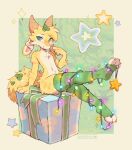 abstract_background anthro claws clothed clothing feet fur furred_kobold gift gift_box hi_res kobold legwear looking_at_viewer male navel ornament partially_clothed raised_leg sitting soles solo string_lights thick_thighs thigh_highs waspsalad