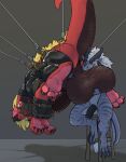 anthro anus balls belly_scales big_balls big_butt black_claws blonde_mane bodily_fluids brown_body brown_scales butt claws dragon duo facial_horn feral genital_fluids genitals grey_body grey_claws grey_horn grey_nose_horn grey_scales hi_res horn humanoid_genitalia humanoid_penis male male/male mane morca morca_(character) nose_horn penis precum red_body red_scales scales scalie slit suspension tharis