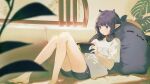  1girl artist_name bare_legs barefoot black_shorts blurry character_pillow couch depth_of_field dolphin_shorts frown headphones headphones_around_neck highres hololive hololive_english indoors knees_together_feet_apart ninomae_ina&#039;nis ninomae_ina&#039;nis_(5th_costume) ninomae_ina&#039;nis_(artist) nintendo_switch on_couch plant playing_games pointy_ears purple_eyes purple_hair reclining shirt short_hair shorts signature sitting solo t-shirt takodachi_(ninomae_ina&#039;nis) tentacle_hair virtual_youtuber white_shirt window 