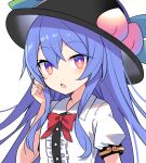  1girl black_headwear blue_hair bow bowtie commentary_request e.o. food fruit hat hinanawi_tenshi long_hair looking_at_viewer open_mouth peach red_bow red_bowtie short_sleeves simple_background solo touhou upper_body white_background 