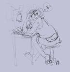 2022 anthro bottomwear bugsnax chair clothing digital_media_(artwork) eyewear furniture glasses grumpus hand_on_eye hi_res lamp looking_back male monochrome on_chair shaibey shirt shorts sitting sitting_on_chair sketch snorpington_fizzlebean solo table tank_top teeth three-quarter_view tired topwear young_horses