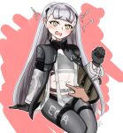  1girl ? ^^^ absurdres ak-alfa_(girls&#039;_frontline) black_jacket blush covered_navel dress girls&#039;_frontline gloves headgear highres invisible_chair jacket long_hair open_mouth orange_eyes pantyhose see-through see-through_dress signature sitting surprised white_hair 