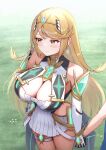  1girl absurdres averting_eyes bare_shoulders blonde_hair blush breasts chest_jewel cleavage dress earrings elbow_gloves gloves headpiece highres holding_hands jewelry large_breasts long_hair looking_at_viewer mythra_(xenoblade) swept_bangs taro_(peach_taro51) tiara tsundere very_long_hair xenoblade_chronicles_(series) xenoblade_chronicles_2 yellow_eyes 