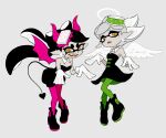 2girls :d :o angel_wings ankle_boots bare_shoulders bat_wings black_dress black_footwear black_hair black_jumpsuit black_tail boots bow-shaped_hair breasts callie_(splatoon) cleavage cousins cross-shaped_pupils demon_horns demon_tail detached_collar dress earrings fangs feathered_wings food food_on_head gloves green_pantyhose grey_background grey_hair halo horns jewelry jumpsuit long_hair marie_(splatoon) mole mole_under_eye multiple_girls object_on_head open_mouth orange_eyes pantyhose pink_pantyhose pointy_ears short_eyebrows short_jumpsuit simple_background small_breasts smile splatoon_(series) splatoon_1 strapless strapless_dress suction_cups symbol-shaped_pupils tail teeth tentacle_hair teo_(teorekka) very_long_hair white_gloves white_wings wings 