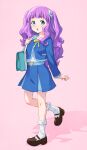  1girl :o aged_up alternate_universe artist_request bag blue_eyes blue_skirt ellee-chan eyelashes hair_ornament highres hirogaru_sky!_precure long_hair looking_at_viewer precure purple_hair ribbon school_bag school_uniform shoes skirt socks solo source_request standing 