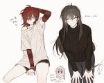  2girls black_pants black_shorts brown_hair closed_eyes closed_mouth fujo0t4ku genderswap genderswap_(mtf) knife long_hair maeno_aki multiple_girls pants red_eyes red_hair short_hair shorts translation_request tsugino_haru zeno_(game) 