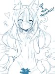  ? animal_ears blush english flat_chest fox_ears fox_tail hair_censor heart long_hair looking_at_viewer monochrome multiple_tails naso4 navel nude simple_background sketch suggestive_fluid tail white_background 