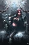  breasts cleavage katarina_du_couteau large_breasts league_of_legends midriff navel red_hair scar scar_across_eye sitting solo sword weapon 