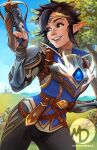 5_fingers alternate_species armor black_hair blizzard_entertainment clothing day elf fingers flower grass hair holding_object holding_weapon humanoid humanoid_pointy_ears humanoidized light_body light_skin momodeary overwatch plant signature teeth tracer_(overwatch) tree weapon