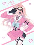  1girl antenna_hair barbed_wire black_choker blonde_hair blue_eyes blush breasts choker cleavage danganronpa_(series) danganronpa_v3:_killing_harmony fingerless_gloves gloves goggles goggles_on_head hair_between_eyes highres iruma_miu large_breasts long_hair long_sleeves looking_at_viewer open_mouth pink_shirt ru_na school_uniform serafuku shirt skirt smile solo 