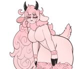 anthro big_breasts bovid breasts caprine curled_hair digital_media_(artwork) digitigrade furry hair hi_res horn kiit0s leaning leaning_forward long_hair mammal mercy_(unsteddyphoenix) pink_body pink_eyes pink_hair sheep simple_background smile smiling_at_viewer smug thick_thighs