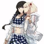  2girls alternate_hairstyle bikini black_hair blonde_hair blue_bikini blush bob_cut bracelet braid breasts chinese_commentary cleavage closed_eyes closed_mouth collarbone commentary_request cowboy_shot fafayu flower flower_request frilled_bikini frills hair_flower hair_ornament hand_on_another&#039;s_waist highres hood hood_down hooded_jacket inoue_takina interlocked_fingers jacket jewelry long_hair long_sleeves lycoris_recoil medium_breasts multiple_girls nail_polish navel necklace nishikigi_chisato one_side_up parted_lips plaid plaid_bikini purple_eyes red_nails see-through see-through_sleeves short_hair sidelocks simple_background stomach swimsuit wet white_background white_jacket yuri 