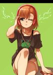  ;( animal_print bad_id bad_pixiv_id black_shirt brown_eyes brown_hair casual electricity frog_print hand_on_headphones headphones long_legs misaka_mikoto off_shoulder one_eye_closed puma_(hyuma1219) shirt short_hair solo t-shirt to_aru_majutsu_no_index 