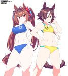  2girls animal_ears antenna_hair blue_buruma blue_sports_bra breasts brown_hair buruma daiwa_scarlet_(umamusume) feet_out_of_frame hair_intakes hair_over_one_eye horse_ears horse_girl horse_tail large_breasts legs long_hair low-tied_long_hair multicolored_hair multiple_girls red_eyes shigino_sohuzi simple_background small_breasts sports_bikini sports_bra standing streaked_hair tail tiara twintails umamusume very_long_hair vodka_(umamusume) white_background white_hair yellow_buruma yellow_eyes yellow_sports_bra 