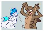 anthro blue_eyes blue_hair blush blush_lines brown_body brown_fur canid canine canis duo fan_character fangs female fennec fox fur hair inner_ear_fluff looking_at_another male male/female mammal mikifluffs smile smiling_at_another surprise surprised_expression teeth tuft white_body white_fur wolf