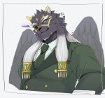  1boy animal_ears artist_name bara commentary_request feathered_wings furry furry_male green_eyes green_necktie green_suit highres izm_(izm_rm7) jaguar_boy jaguar_ears looking_at_viewer male_focus necktie shirt smile suit tezcatlipoca_(housamo) tokyo_afterschool_summoners white_background white_shirt wings 