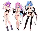  3girls ahoge alternate_costume aqua_hair armpits bikini black_choker black_footwear black_gloves black_leotard black_nails black_panties black_thighhighs blue_eyes blue_hair blush bracelet braid breasts buttons choker claw_pose clothing_cutout colored_inner_hair commentary_request covering_nipples demon_girl demon_horns demon_tail demon_wings double-breasted double-parted_bangs elbow_gloves ex_idol feet flat_chest full_body gloves glowing_tattoo green_eyes hair_between_eyes hair_ornament hands_up head_wings heart heart_choker heart_hair_ornament highres hololive horns hoshimachi_suisei jewelry large_breasts leg_tattoo legs leotard long_hair looking_at_viewer low_twin_braids low_wings medium_breasts minato_aqua multicolored_hair multiple_girls nail_polish navel navel_cutout no_shoes panties pubic_tattoo purple_eyes purple_hair revealing_clothes simple_background stirrup_legwear streaked_hair swimsuit tail tattoo thighhighs thighs toeless_legwear toenail_polish toenails toes tokoyami_towa tongue tongue_out twin_braids two-tone_hair underwear virtual_youtuber white_background wings x_hair_ornament 