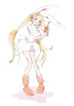  1girl :d animal_ear_hairband animal_ears bare_arms bare_shoulders blonde_hair boots breasts carrot_juice closed_mouth cup dress drinking_straw fake_animal_ears fake_tail full_body glass h_kawa hairband hand_on_own_hip heart holding holding_cup long_hair looking_at_viewer medium_breasts orange_footwear original pom_pom_(clothes) rabbit_ears rabbit_tail shadow short_dress simple_background smile solo tail tongue tongue_out turtleneck_dress twintails very_long_hair white_background white_dress white_hairband 