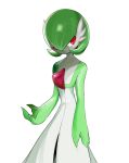 1girl arm_at_side bob_cut colored_skin commentary_request flat_chest gardevoir green_hair green_skin highres korean_commentary lafe_(lafe6250) looking_to_the_side multicolored_skin no_mouth pokemon pokemon_(creature) red_eyes short_hair simple_background solo standing two-tone_skin white_background white_skin 