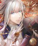  1boy ascot blue_eyes brown_background character_name code:realize gauge gold_trim hat hat_ornament long_hair looking_at_viewer male_focus neoromansu5 saint_germain_(code:realize) solo unworn_hat unworn_headwear upper_body watch white_ascot white_hair 