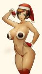  1girl 4_orz bare_shoulders breasts brown_hair christmas commentary dark-skinned_female dark_skin dated fingerless_gloves gloves green_eyes hat highres large_breasts lips looking_at_viewer maria_torres navel red_gloves santa_hat short_hair simple_background solo thighhighs thong white_background 
