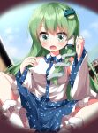  1girl bare_shoulders blue_skirt bobby_socks breasts clenched_hand collared_shirt commentary_request detached_sleeves frilled_skirt frills frog_hair_ornament green_eyes green_hair hair_ornament hair_tubes highres kochiya_sanae long_hair long_skirt medium_breasts open_mouth pov ruu_(tksymkw) shirt single_hair_tube single_sidelock skirt sleeveless sleeveless_shirt snake_hair_ornament socks solo spread_legs squatting touhou white_shirt white_sleeves white_socks 