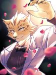  1boy black_bow black_bowtie blurry blurry_background bow bowtie brown_fur collared_shirt falling_petals fingernails furry furry_male highres jacket looking_at_viewer male_focus multicolored_fur ose_(housamo) panther_boy panther_ears petals satou_shouhei sharp_fingernails shirt solo tokyo_afterschool_summoners upper_body white_jacket yellow_fur 