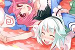  blush closed_eyes hairband hat japanese_clothes konpaku_youmu multiple_girls open_mouth pink_eyes pink_hair ribbon saigyouji_yuyuko short_hair silver_hair smile touhou triangular_headpiece ushiki_yoshitaka 