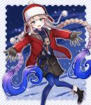  1boy alternate_costume black_footwear black_shorts blonde_hair blue_eyes blue_leggings blue_shirt braid captain_nemo_(fate) christmas commentary fate/grand_order fate_(series) fur_hat hat highres jacket leggings male_focus nemo_(fate) official_alternate_costume open_clothes open_jacket outstretched_arms red_jacket shell_ocean shirt shorts snowing solo twin_braids ushanka 