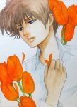  1boy brown_hair flower holding holding_flower kazu_(pixiv2701143) male_focus natsuyuki_rendezvous shimao_atsushi shirt simple_background solo tulip upper_body white_background white_shirt 