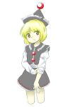  1girl blonde_hair crescent cropped_legs grey_headwear grey_skirt grey_vest hat long_sleeves lunasa_prismriver nonamejd official_style rolling_sleeves_up shirt short_hair simple_background skirt skirt_set solo touhou vest white_background white_shirt yellow_eyes zun_(style) 