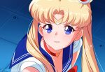  1girl artist_name bishoujo_senshi_sailor_moon blonde_hair blue_background blue_eyes blue_sailor_collar bow bowtie breasts choker circlet cleavage commentary crescent crescent_earrings dangle_earrings derivative_work double_bun earrings english_commentary eyelashes hair_bun hair_ornament heart heart_choker jewelry leotard light_blush long_hair magical_girl meme nyahallo parted_bangs parted_lips red_bow red_bowtie red_choker sailor_collar sailor_moon sailor_moon_redraw_challenge_(meme) screencap_redraw short_sleeves solo tile_floor tiles twintails upper_body wavy_mouth white_leotard white_sleeves 
