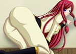  1girl against_wall arc_system_works ass bent_over blazblue blue_eyes blush boots breasts hair_tubes highres large_breasts leaning leaning_forward long_hair looking_at_viewer open_mouth pants parted_lips red_hair seraphina sideboob tight_pants tsubaki_yayoi uniform 
