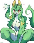 &lt;3 absurd_res anthro anthrofied bikini breasts cleavage clothed clothing female generation_5_pokemon green_body green_hair hair hi_res nintendo open_mouth pokemon pokemon_(species) pokemorph red_eyes reptile scalie serperior servine simple_background sitting snake solo surprised_expression swimwear tail white_background yarney