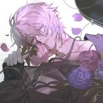  black_gloves blue_eyes chain_necklace expressionless falling_petals fingerless_gloves flower gloves granblue_fantasy hair_between_eyes holding holding_flower jacket jewelry korean_commentary light_frown light_particles looking_to_the_side lucilius_(granblue_fantasy) male_focus messy_hair necklace official_alternate_costume petals scar scar_on_neck shirt signature stitches torn_clothes torn_shirt wago white_background white_hair 