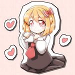  blonde_hair blush bow fingers_together hair_bow heart long_sleeves looking_at_viewer necktie red_eyes red_neckwear roco_(katsuya1011) rumia shirt simple_background smile solo touhou white_shirt 